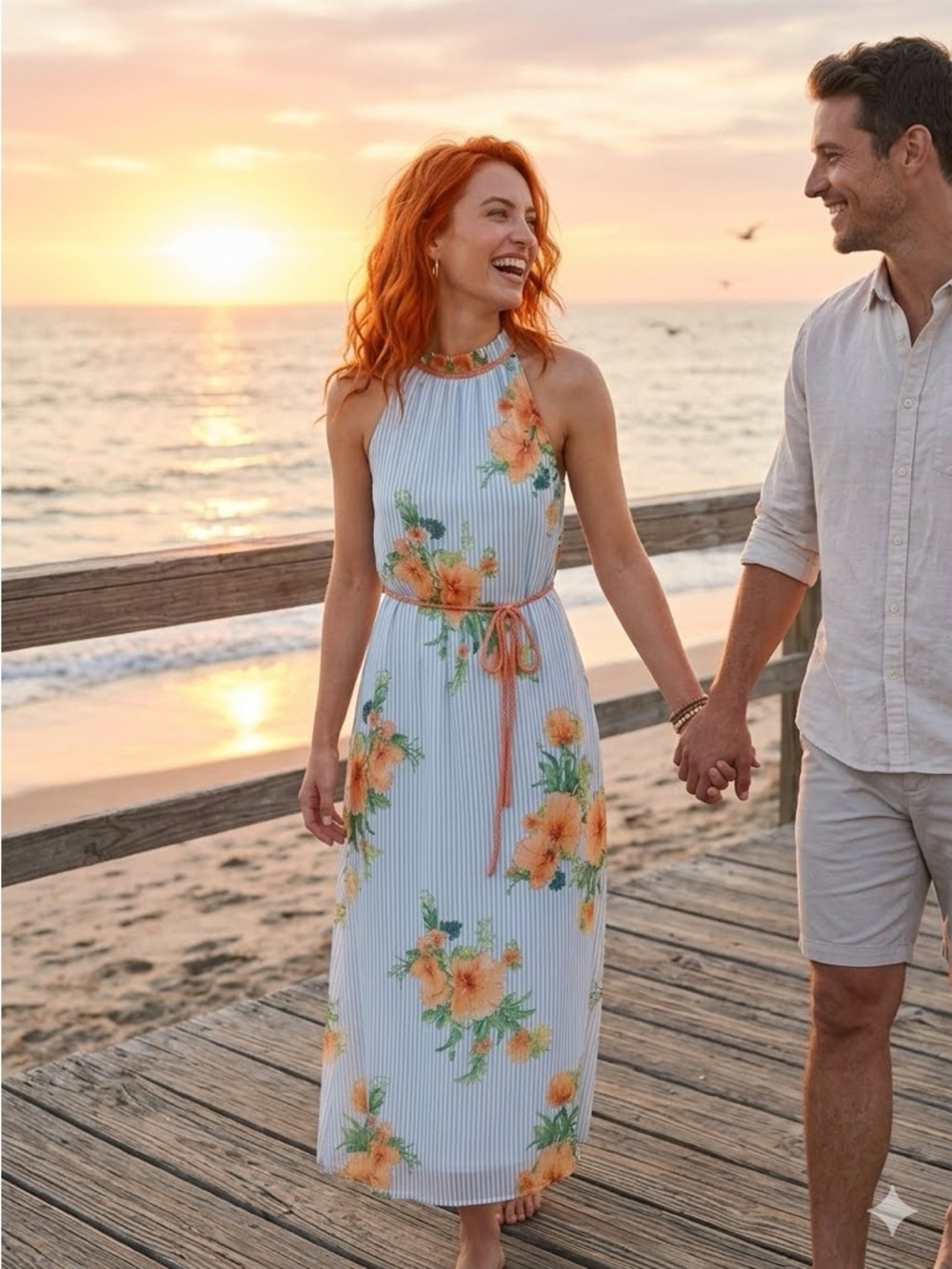 Chetta B Light Blue Maxi Dress with Orange Floral Print